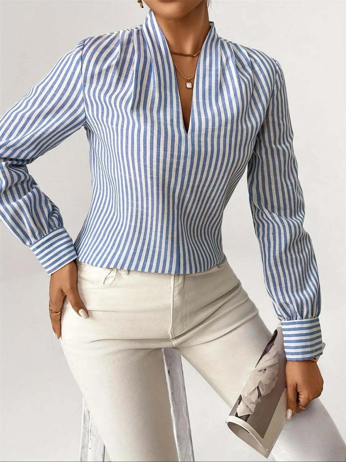 Striped Button Detail Long Sleeve Shirt - Codrington Expressions