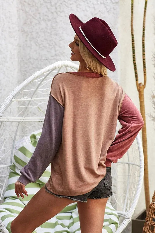 BiBi Exposed Seam Color Block Round Neck French Terry Top - Codrington Expressions