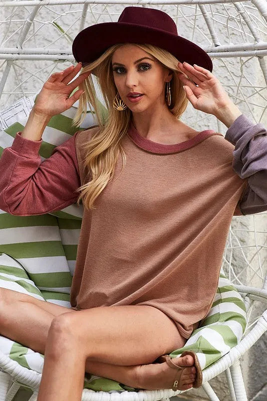 BiBi Exposed Seam Color Block Round Neck French Terry Top - Codrington Expressions