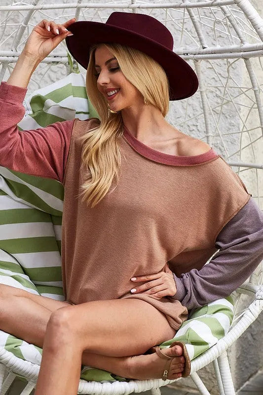 BiBi Exposed Seam Color Block Round Neck French Terry Top - Codrington Expressions