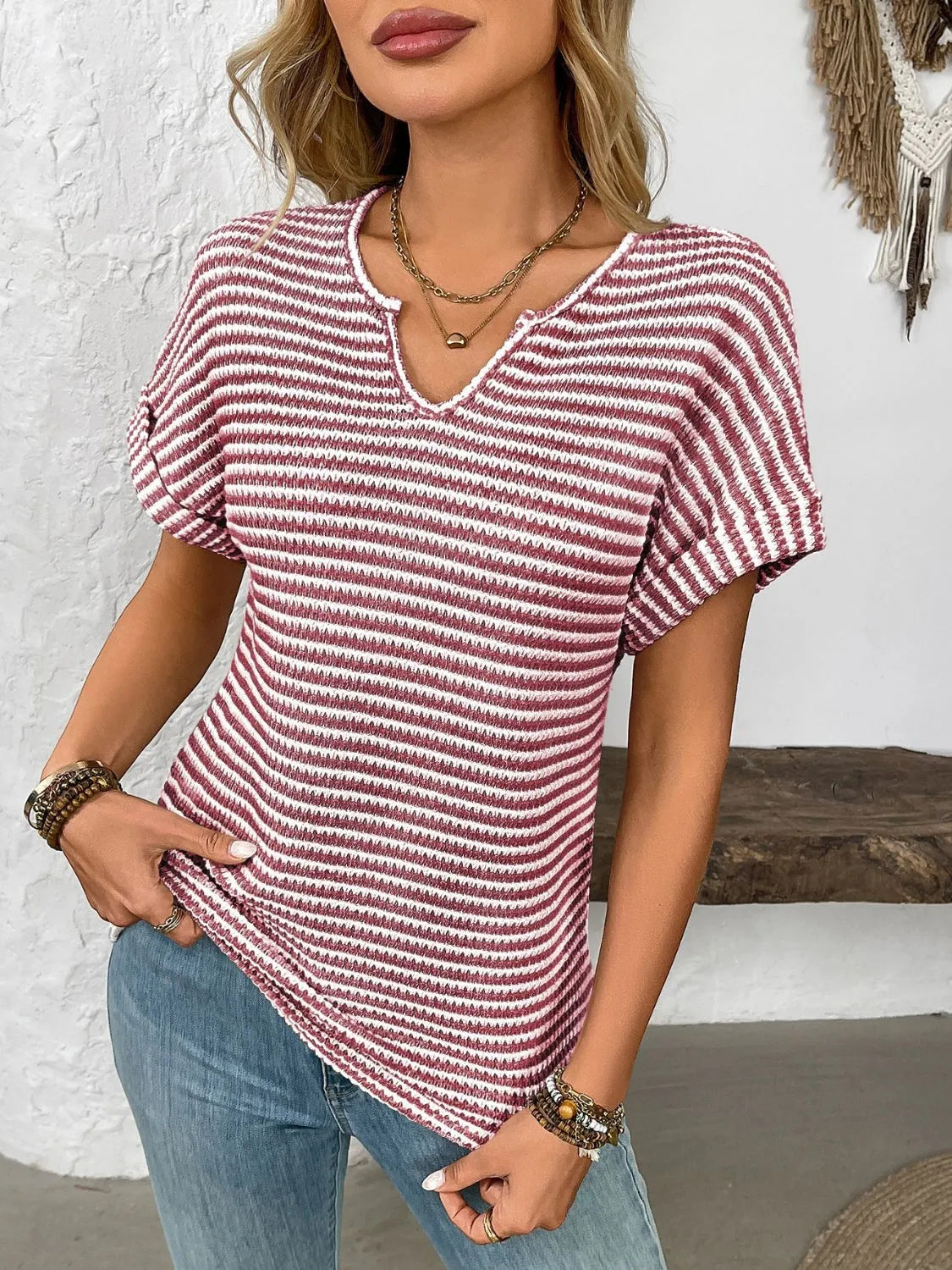 Striped Notched Short Sleeve T-Shirt - Codrington Expressions