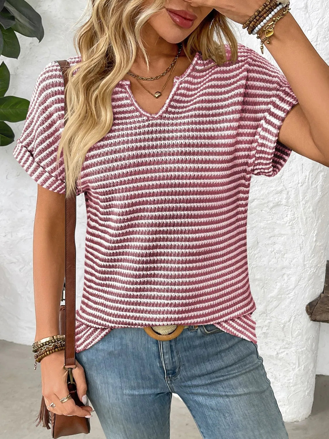 Striped Notched Short Sleeve T-Shirt - Codrington Expressions