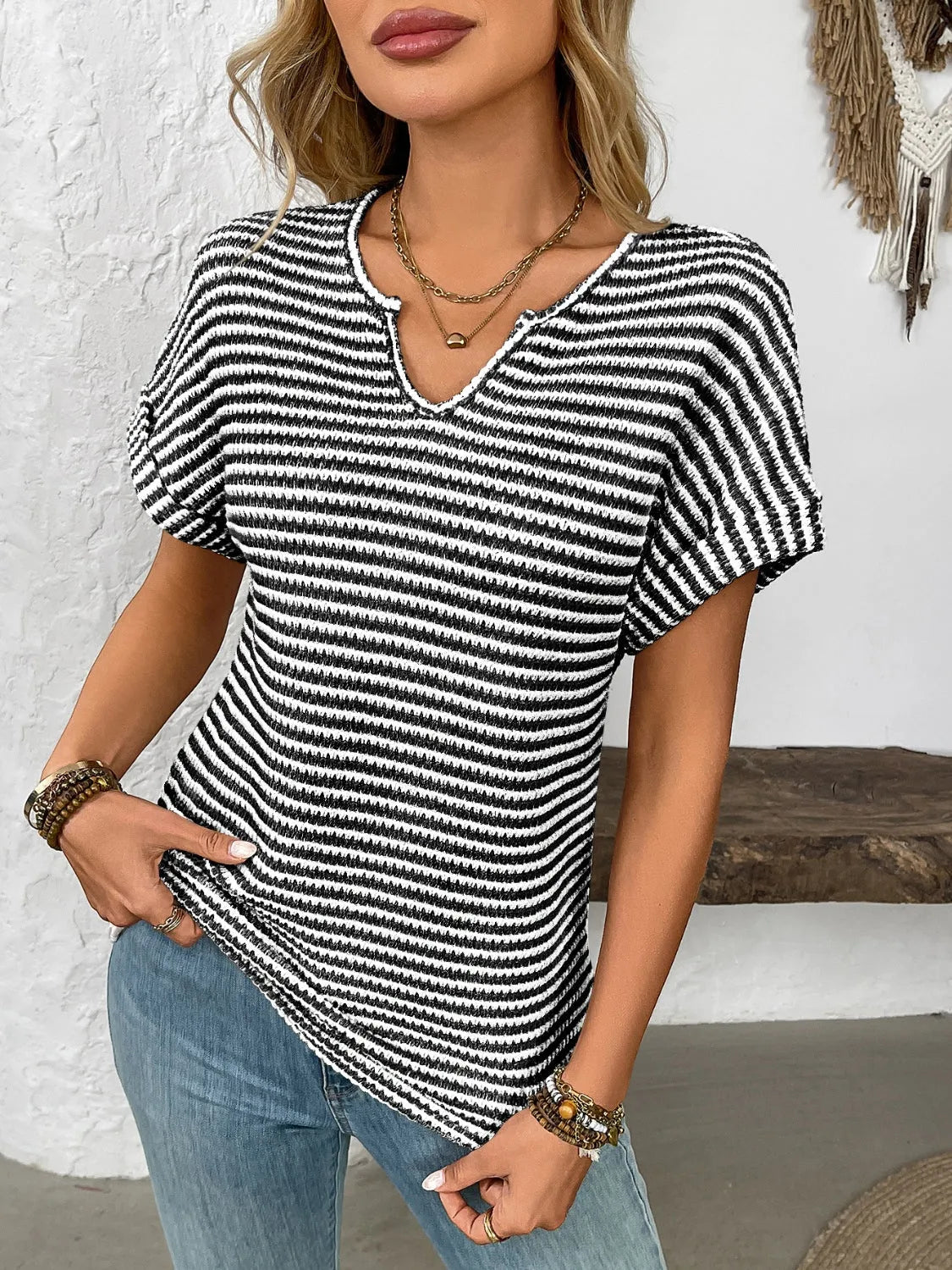 Striped Notched Short Sleeve T-Shirt - Codrington Expressions