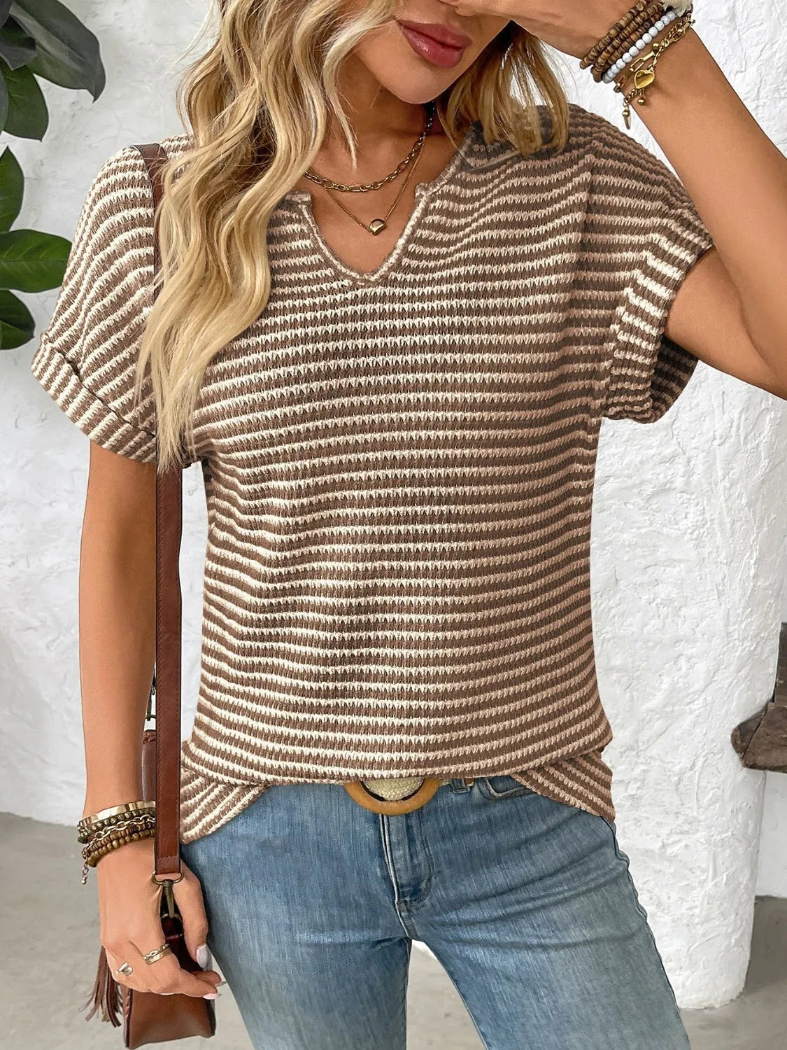 Striped Notched Short Sleeve T-Shirt - Codrington Expressions