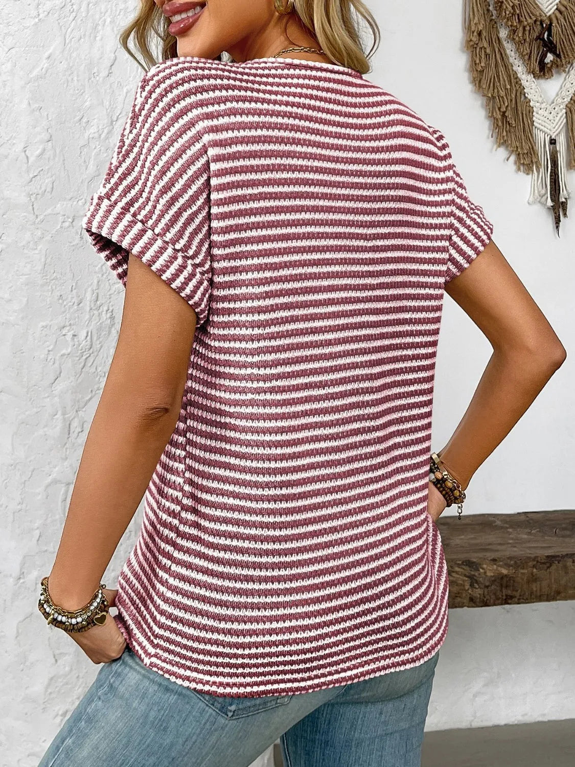 Striped Notched Short Sleeve T-Shirt - Codrington Expressions