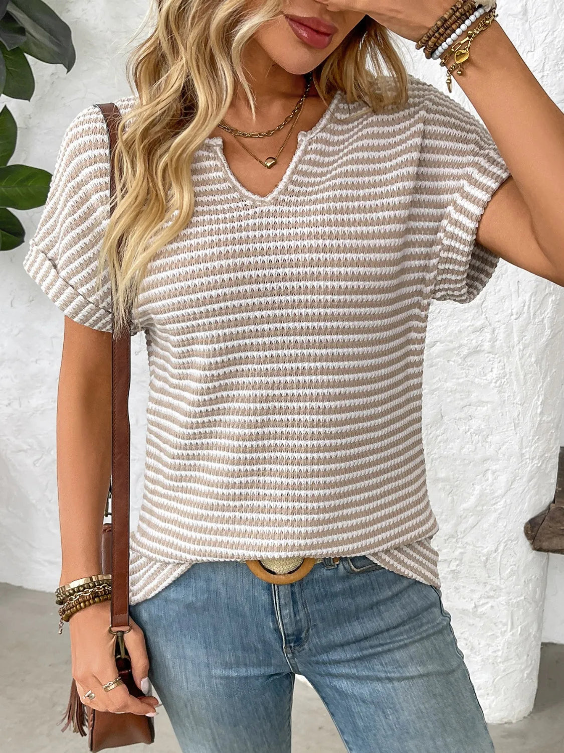 Striped Notched Short Sleeve T-Shirt - Codrington Expressions