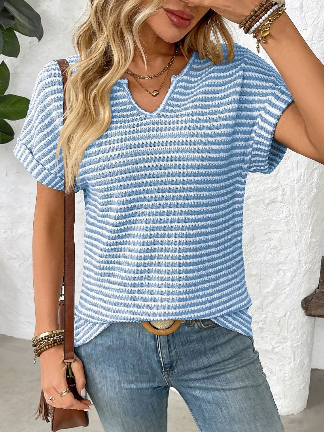 Striped Notched Short Sleeve T-Shirt - Codrington Expressions
