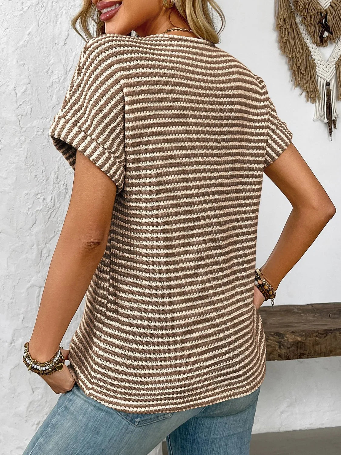 Striped Notched Short Sleeve T-Shirt - Codrington Expressions