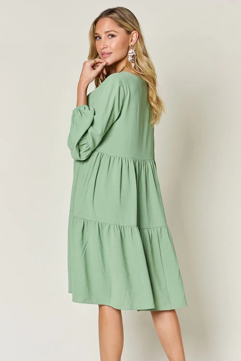 Double Take Full Size V-Neck Balloon Sleeve Tiered Dress with Pockets - Codrington Expressions 