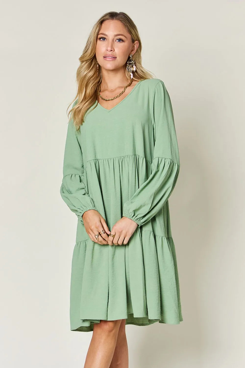 Double Take Full Size V-Neck Balloon Sleeve Tiered Dress with Pockets - Codrington Expressions 