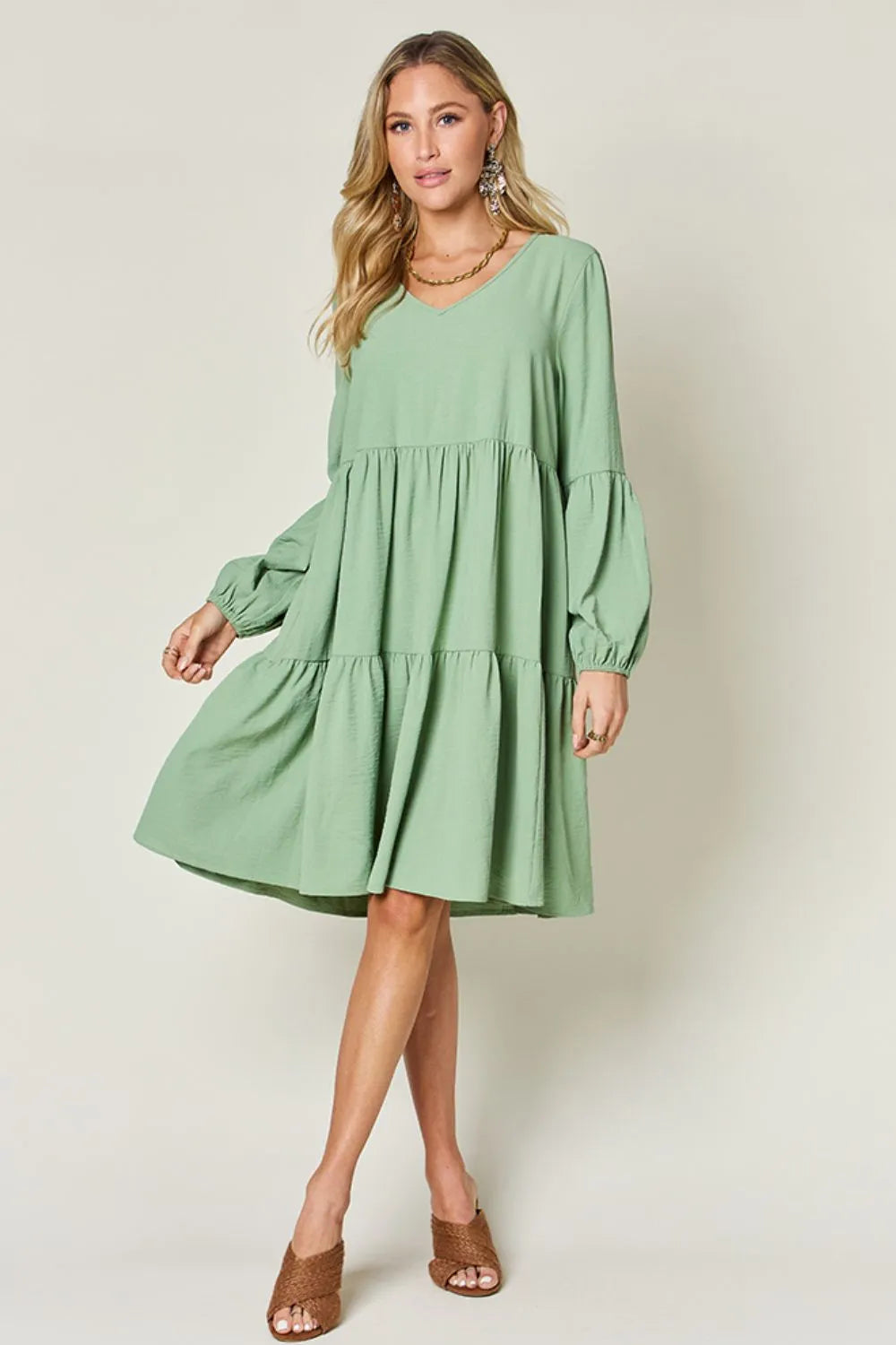 Double Take Full Size V-Neck Balloon Sleeve Tiered Dress with Pockets - Codrington Expressions 