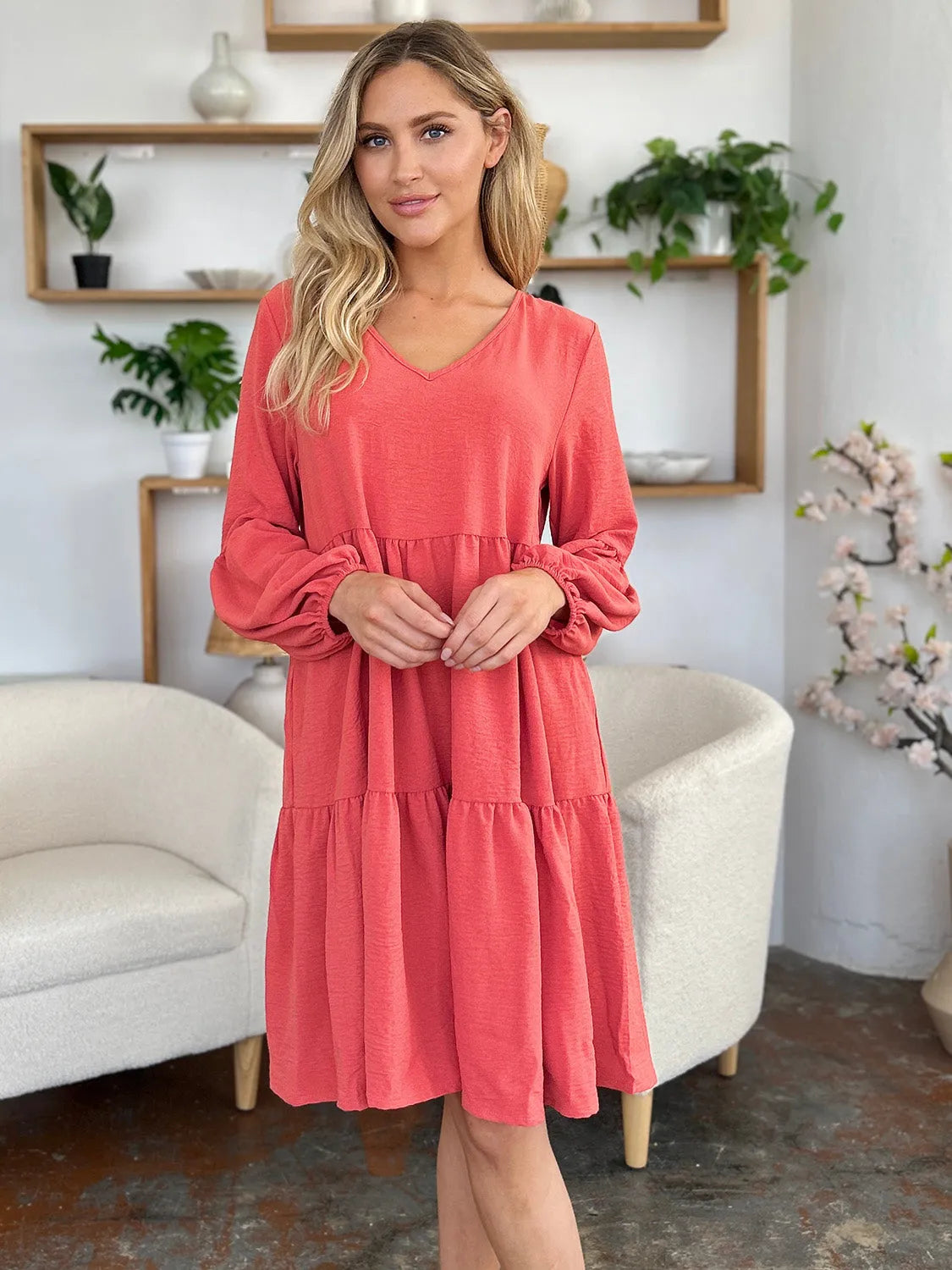Double Take Full Size V-Neck Balloon Sleeve Tiered Dress with Pockets - Codrington Expressions 