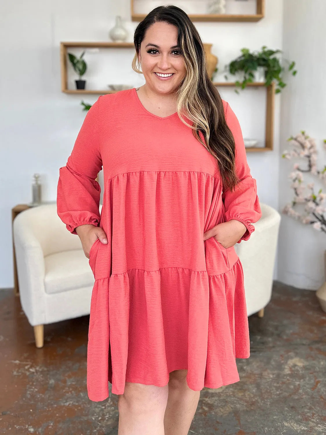 Double Take Full Size V-Neck Balloon Sleeve Tiered Dress with Pockets - Codrington Expressions 