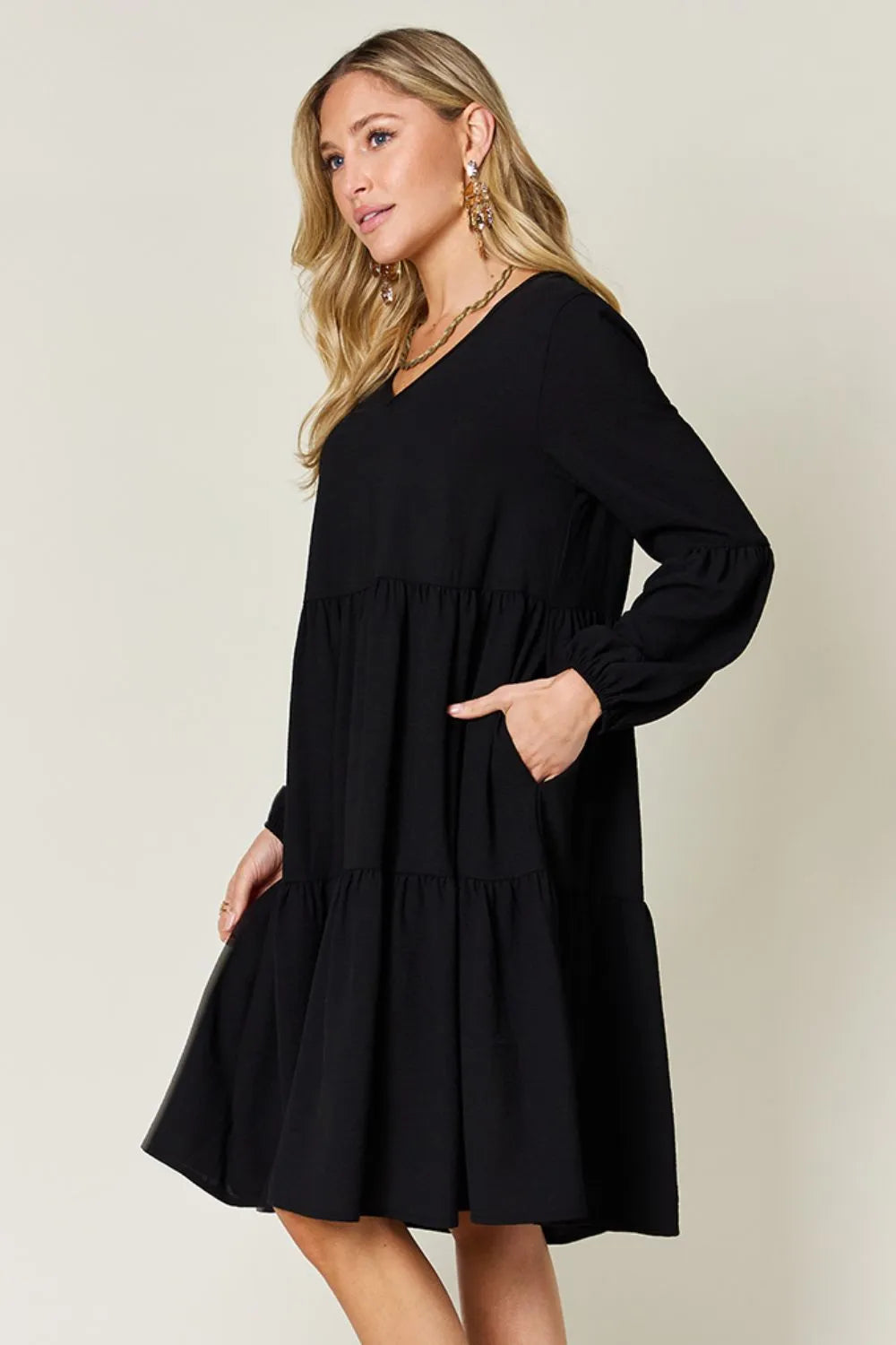 Double Take Full Size V-Neck Balloon Sleeve Tiered Dress with Pockets - Codrington Expressions 