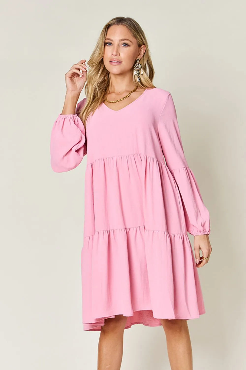 Double Take Full Size V-Neck Balloon Sleeve Tiered Dress with Pockets - Codrington Expressions 