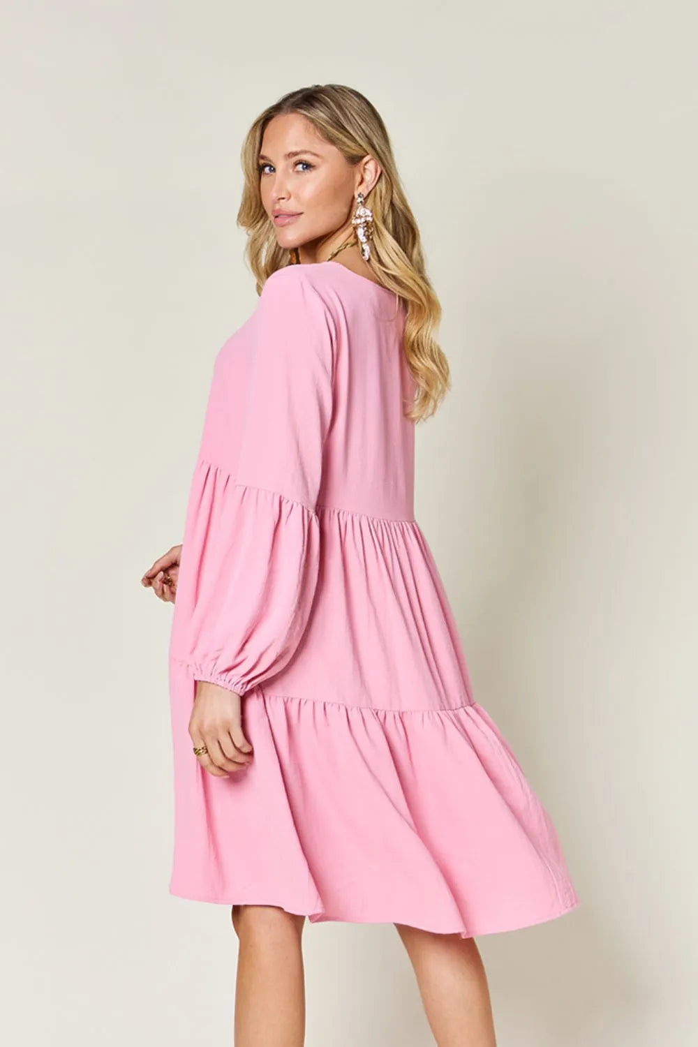 Double Take Full Size V-Neck Balloon Sleeve Tiered Dress with Pockets - Codrington Expressions 