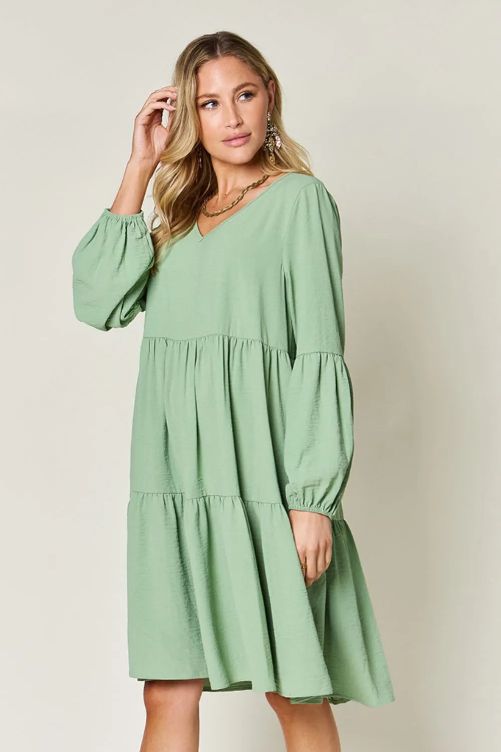 Double Take Full Size V-Neck Balloon Sleeve Tiered Dress with Pockets - Codrington Expressions 
