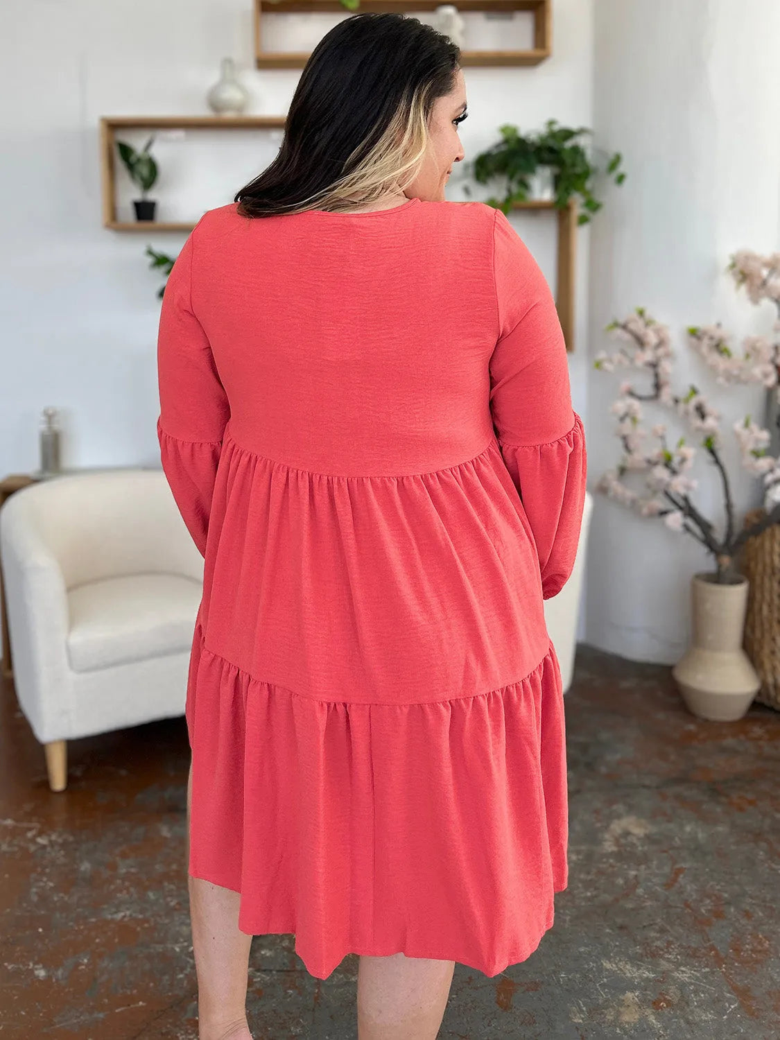 Double Take Full Size V-Neck Balloon Sleeve Tiered Dress with Pockets - Codrington Expressions 