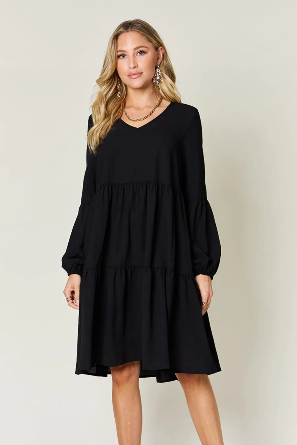 Double Take Full Size V-Neck Balloon Sleeve Tiered Dress with Pockets - Codrington Expressions 