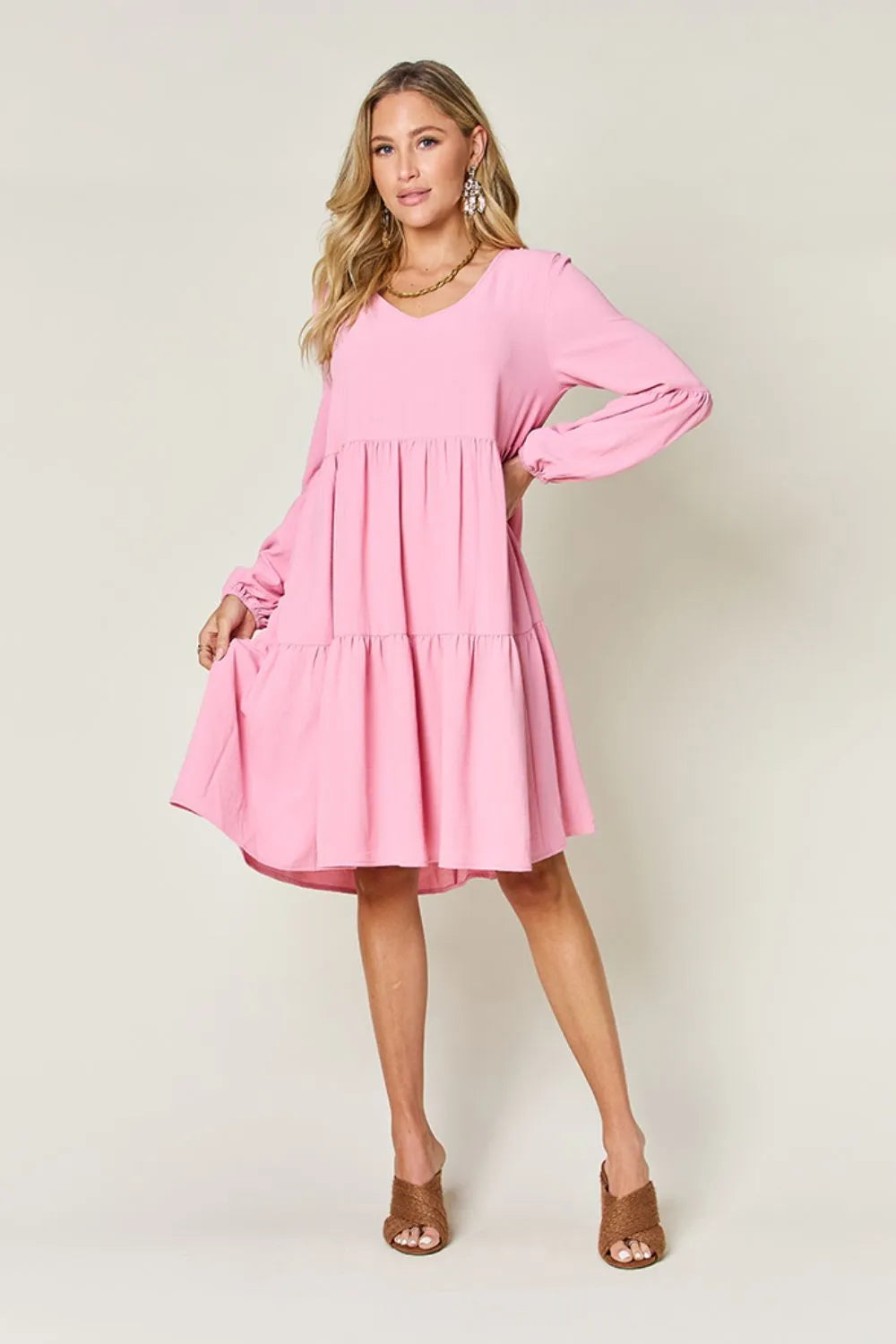 Double Take Full Size V-Neck Balloon Sleeve Tiered Dress with Pockets - Codrington Expressions 