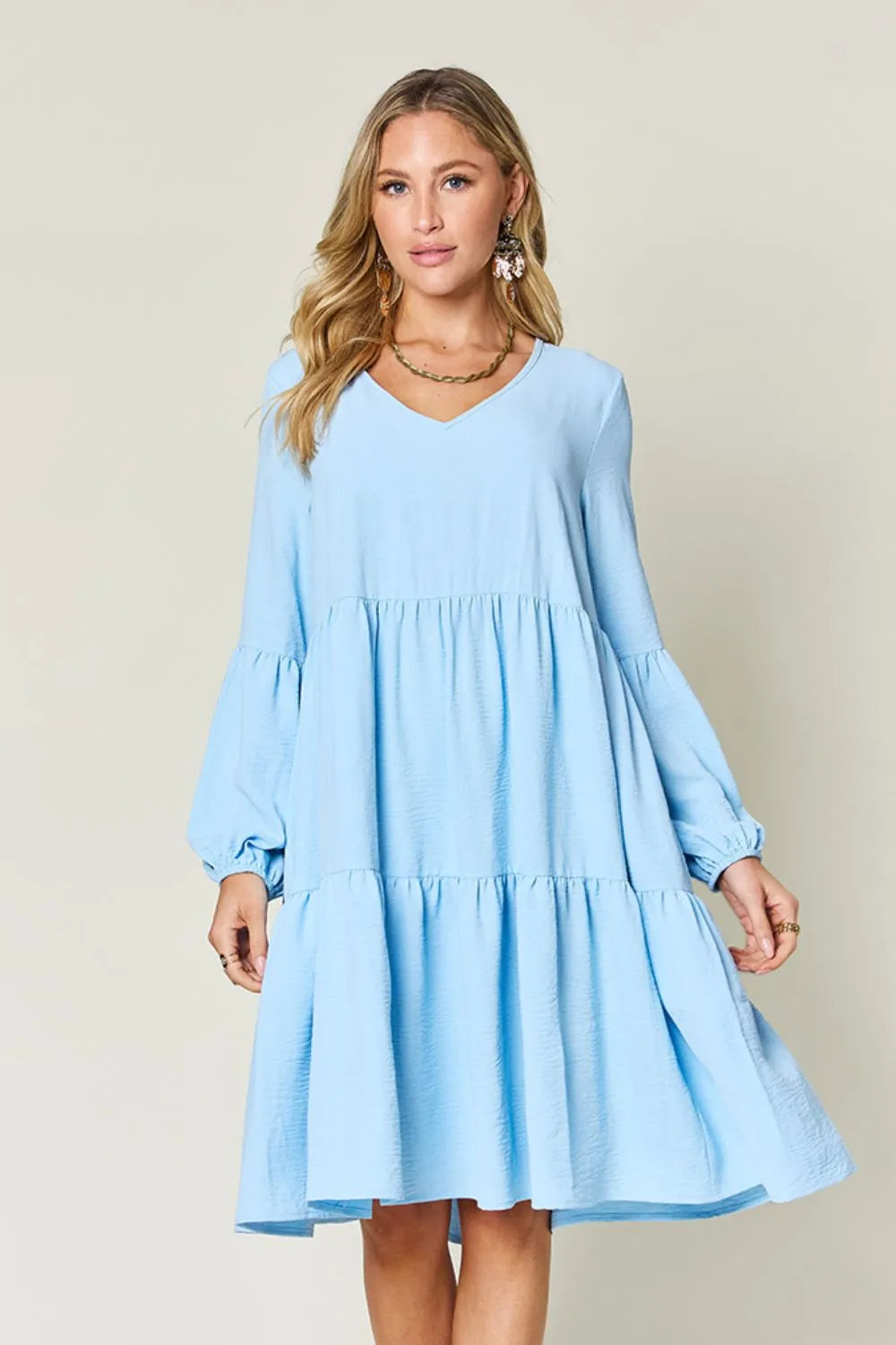 Double Take Full Size V-Neck Balloon Sleeve Tiered Dress with Pockets - Codrington Expressions 