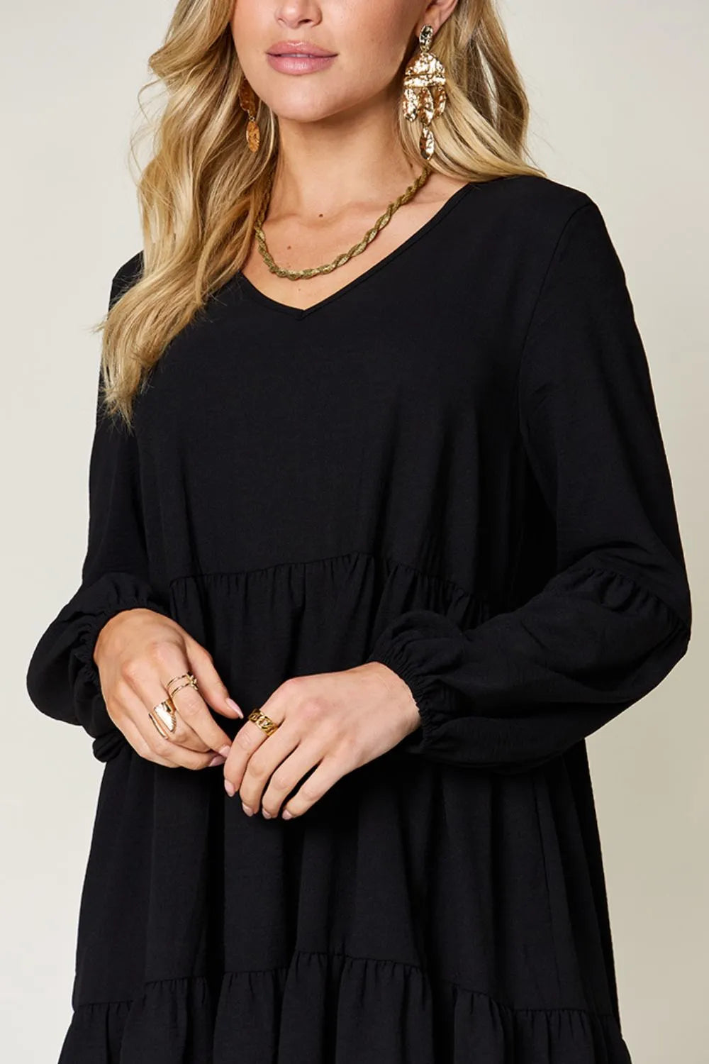 Double Take Full Size V-Neck Balloon Sleeve Tiered Dress with Pockets - Codrington Expressions 