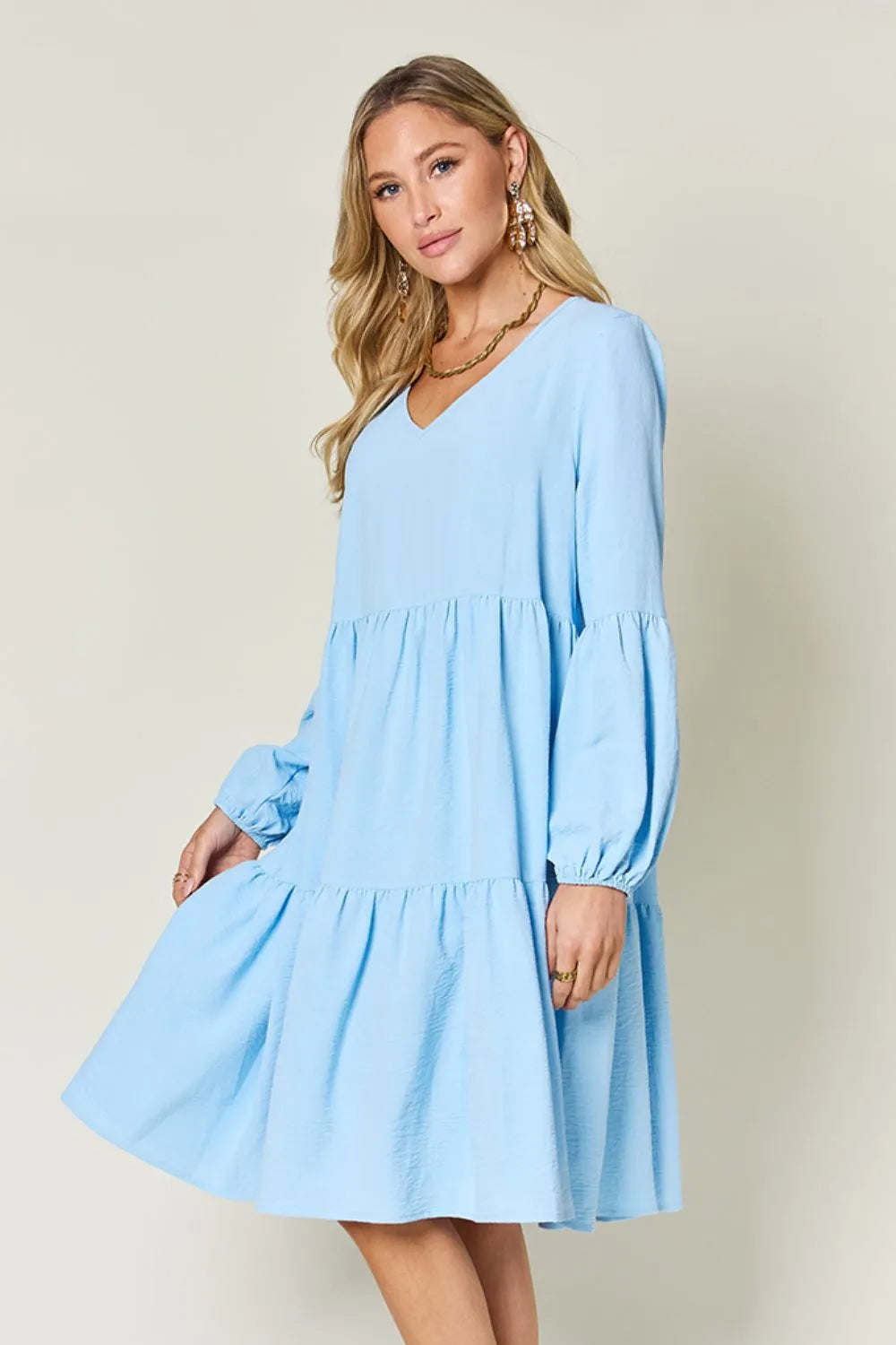 Double Take Full Size V-Neck Balloon Sleeve Tiered Dress with Pockets - Codrington Expressions 