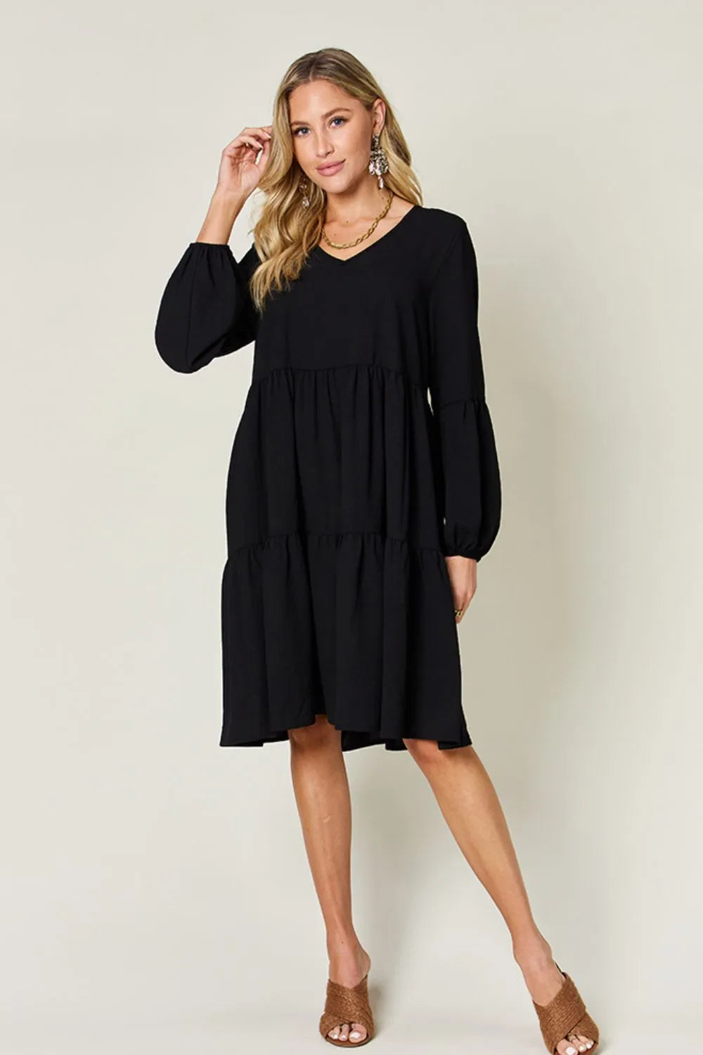 Double Take Full Size V-Neck Balloon Sleeve Tiered Dress with Pockets - Codrington Expressions 