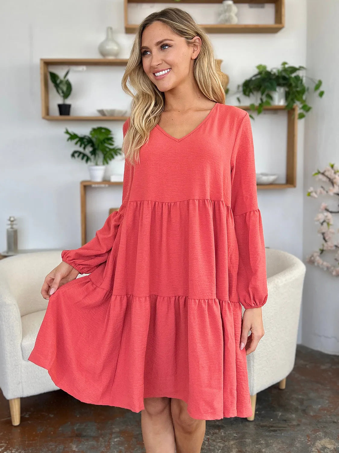 Double Take Full Size V-Neck Balloon Sleeve Tiered Dress with Pockets - Codrington Expressions 