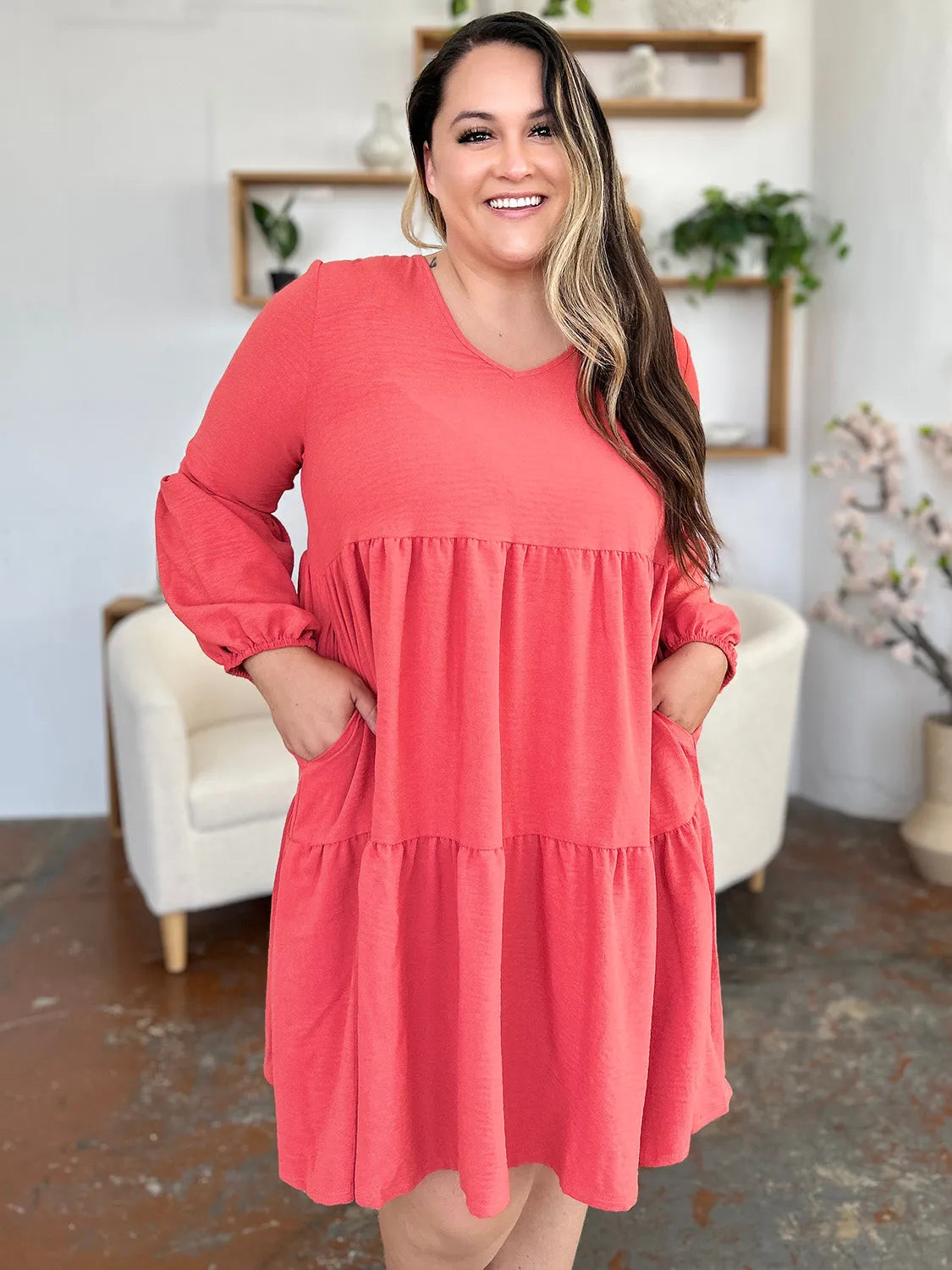 Double Take Full Size V-Neck Balloon Sleeve Tiered Dress with Pockets - Codrington Expressions 