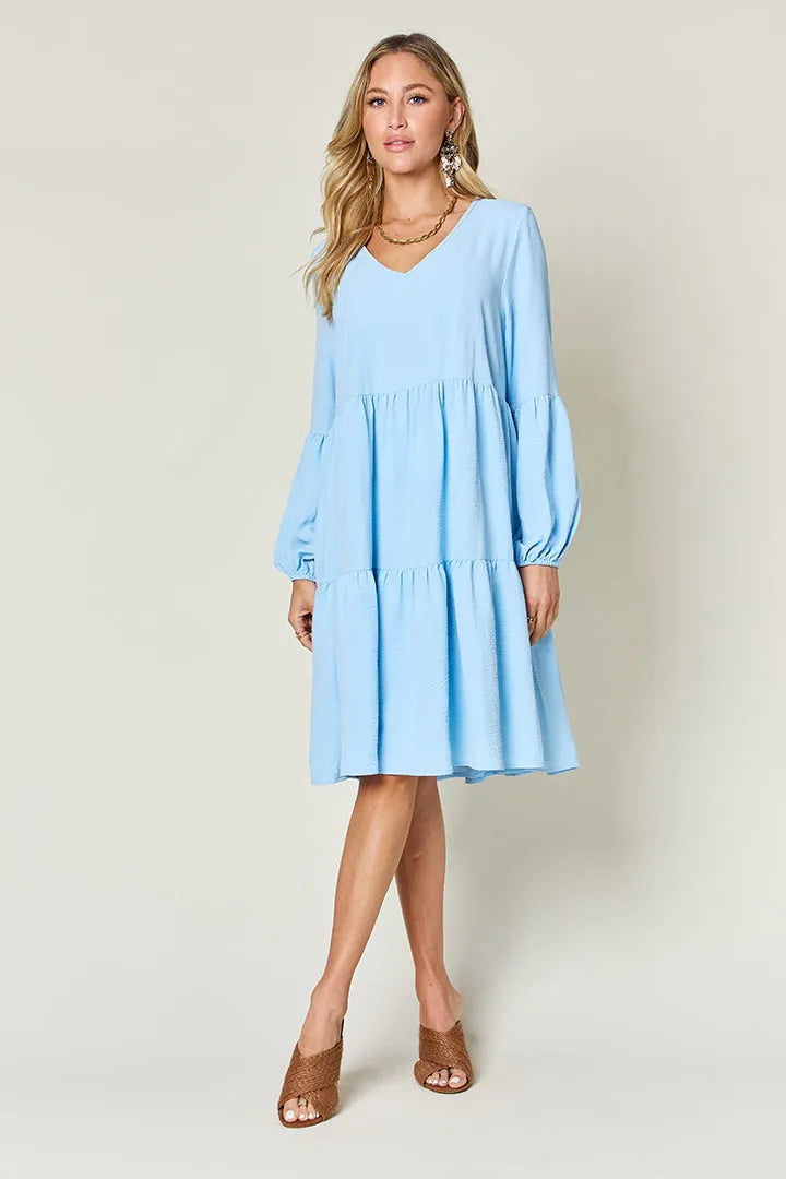 Double Take Full Size V-Neck Balloon Sleeve Tiered Dress with Pockets - Codrington Expressions 