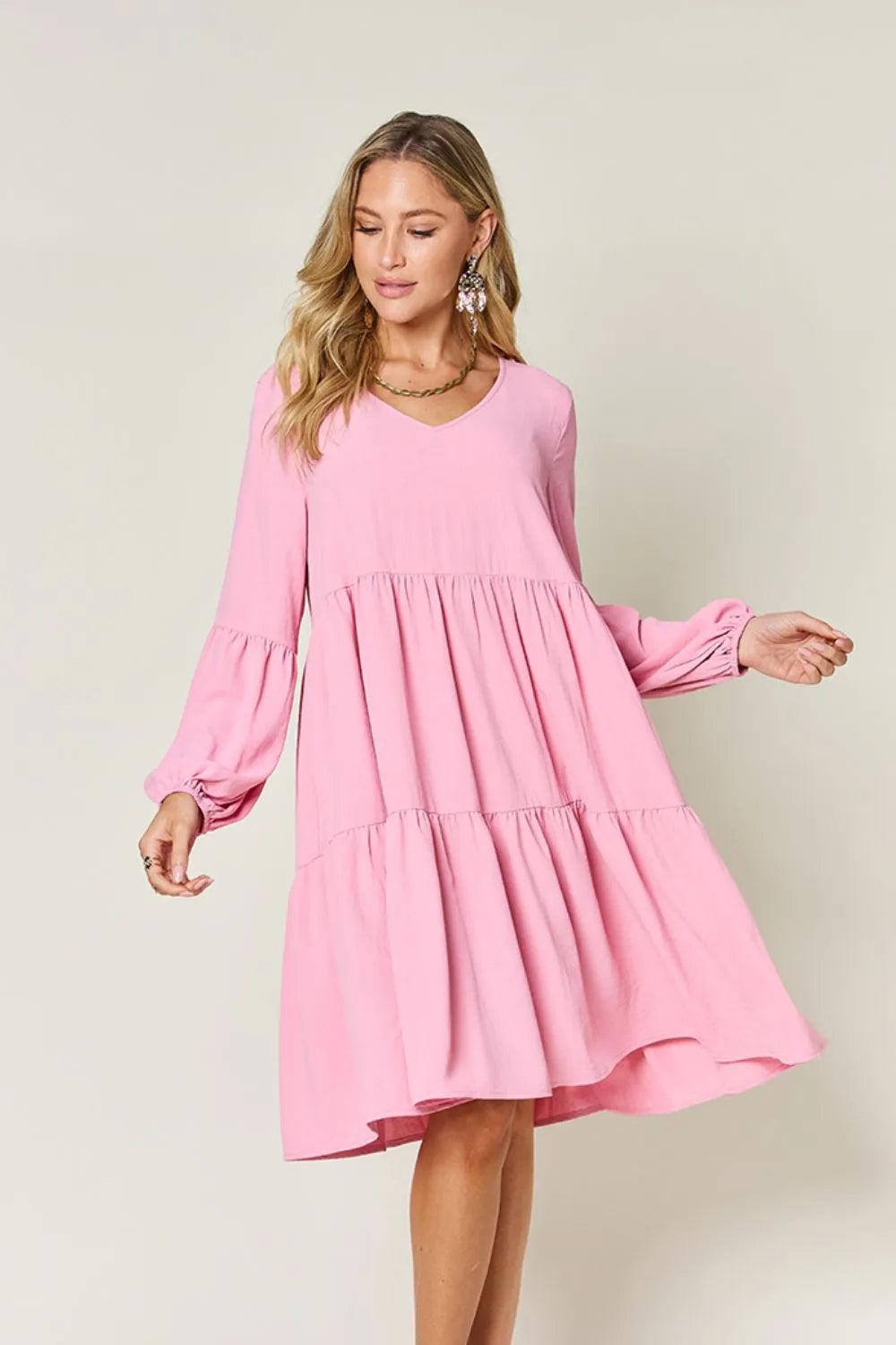 Double Take Full Size V-Neck Balloon Sleeve Tiered Dress with Pockets - Codrington Expressions 