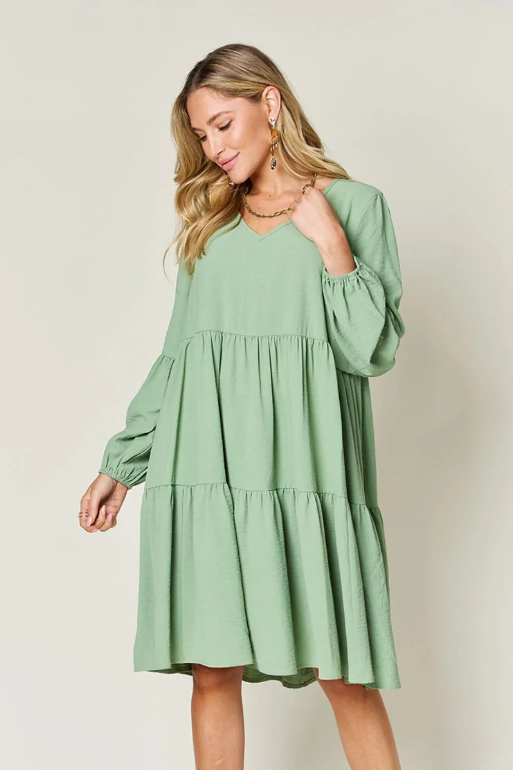 Double Take Full Size V-Neck Balloon Sleeve Tiered Dress with Pockets - Codrington Expressions 