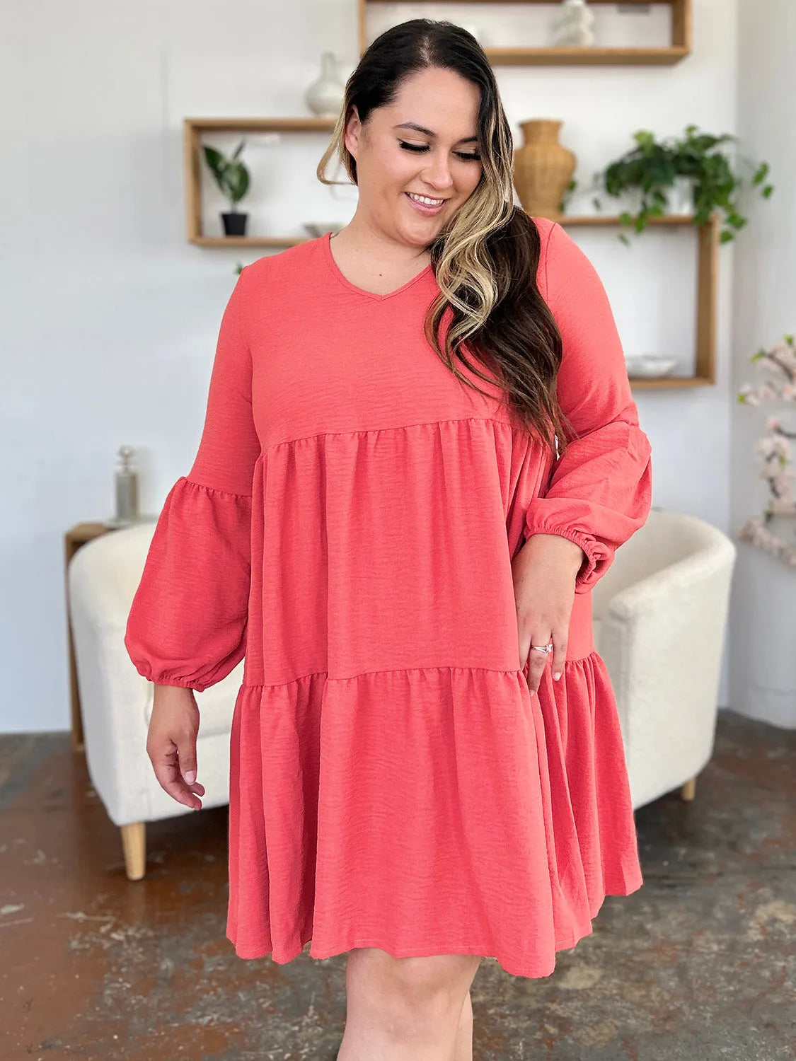 Double Take Full Size V-Neck Balloon Sleeve Tiered Dress with Pockets - Codrington Expressions 