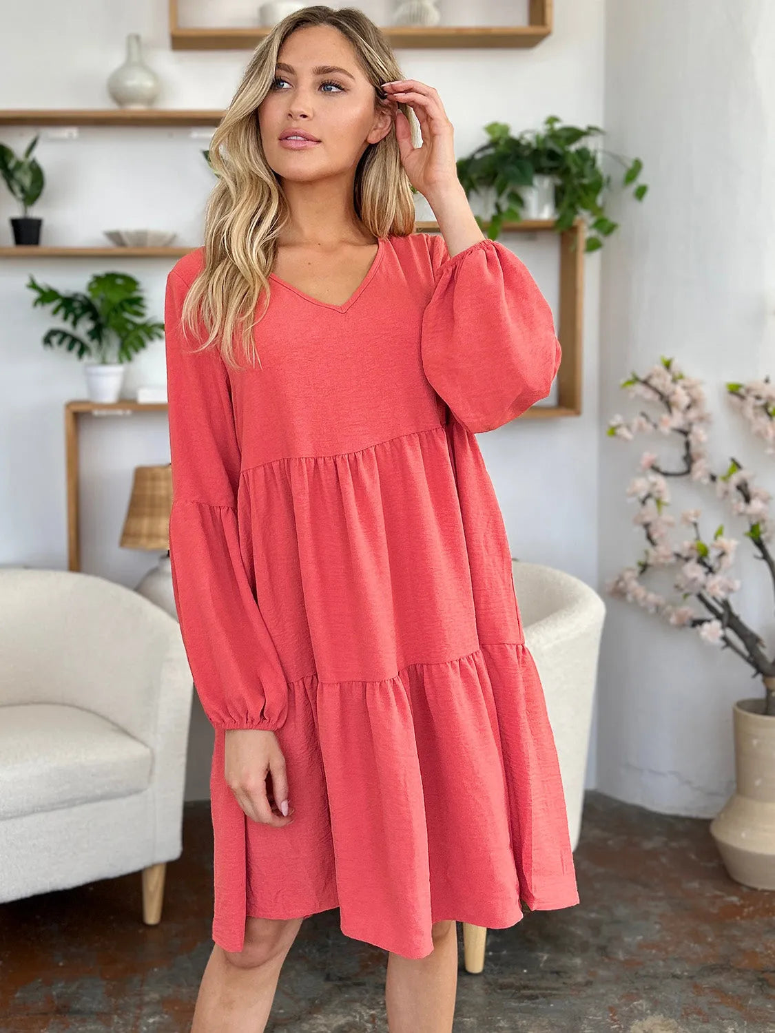 Double Take Full Size V-Neck Balloon Sleeve Tiered Dress with Pockets - Codrington Expressions 