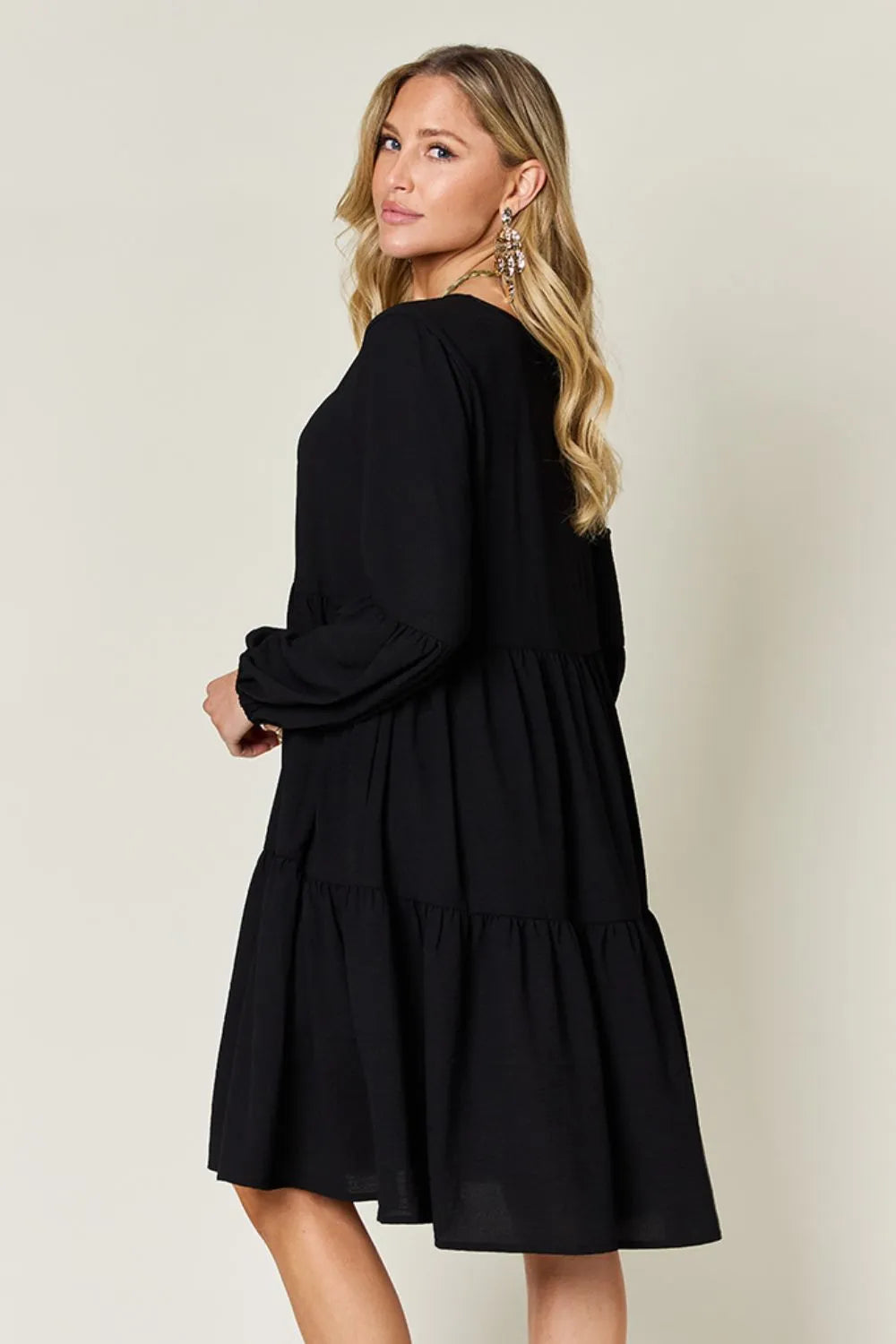 Double Take Full Size V-Neck Balloon Sleeve Tiered Dress with Pockets - Codrington Expressions 