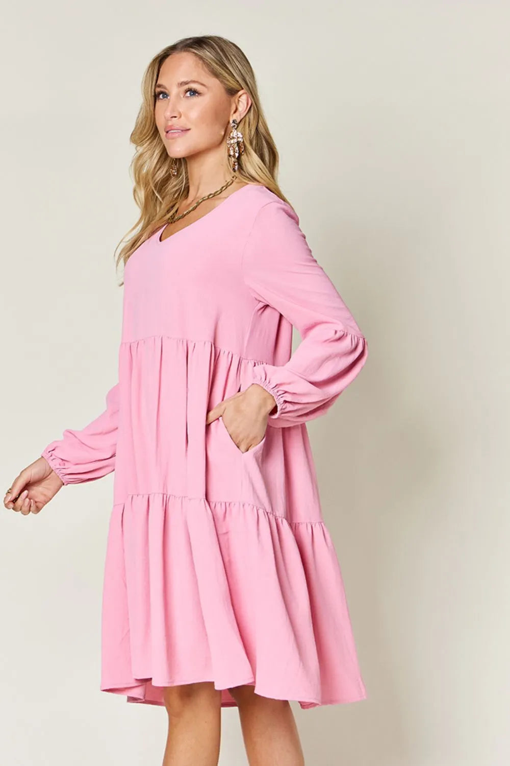 Double Take Full Size V-Neck Balloon Sleeve Tiered Dress with Pockets - Codrington Expressions 
