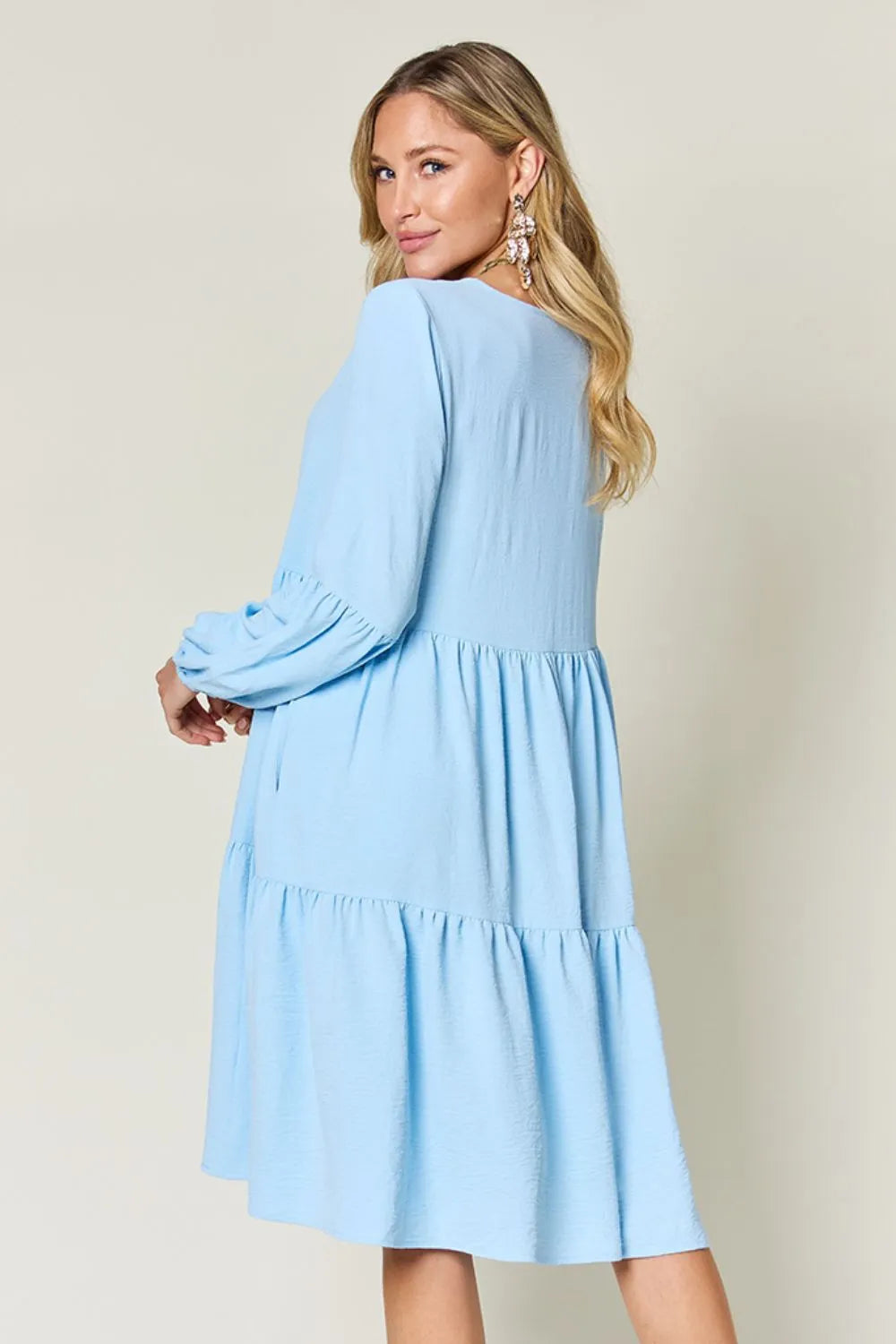 Double Take Full Size V-Neck Balloon Sleeve Tiered Dress with Pockets - Codrington Expressions 