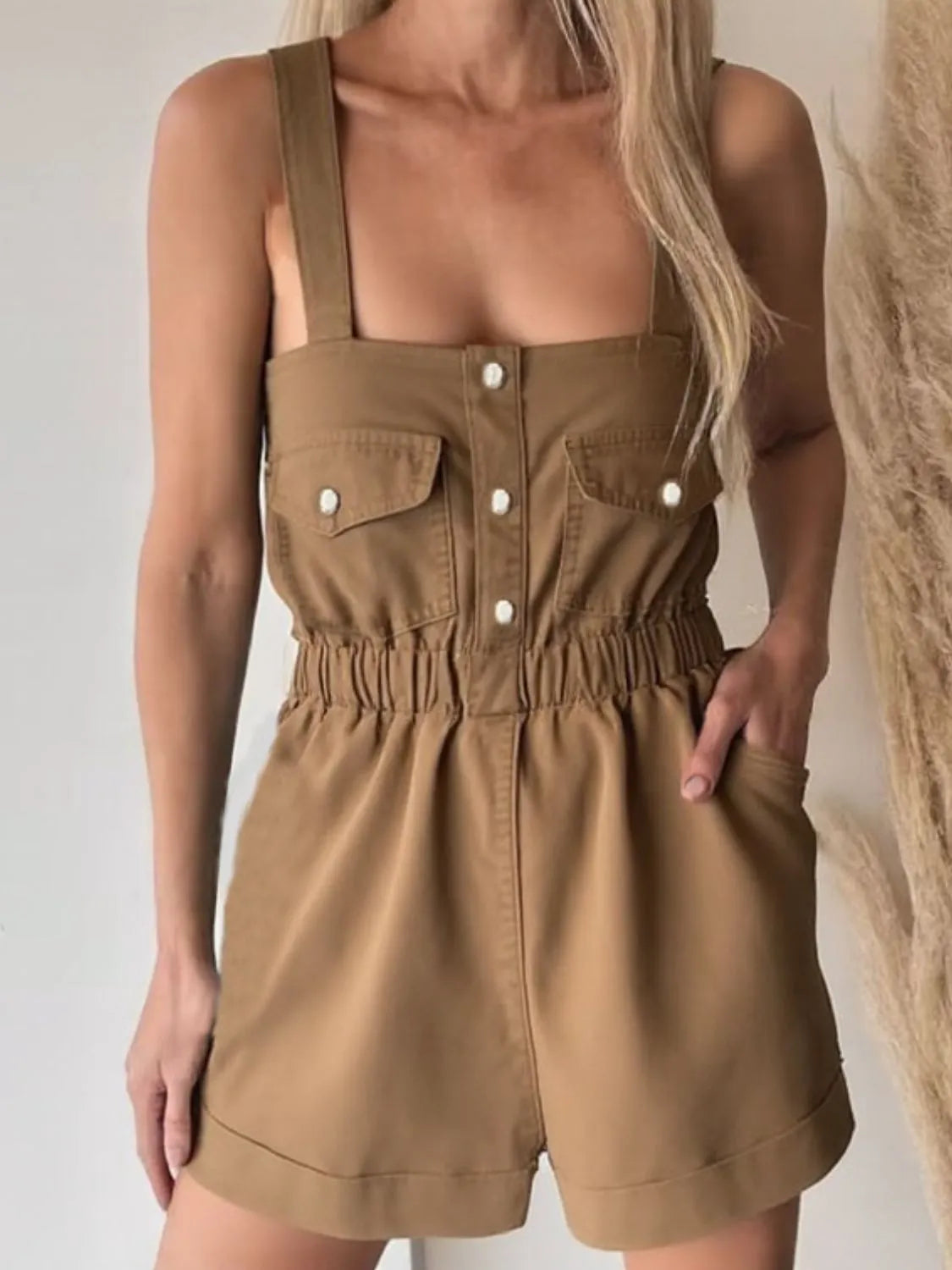 Wide Strap Denim Romper with Pockets - Codrington Expressions 