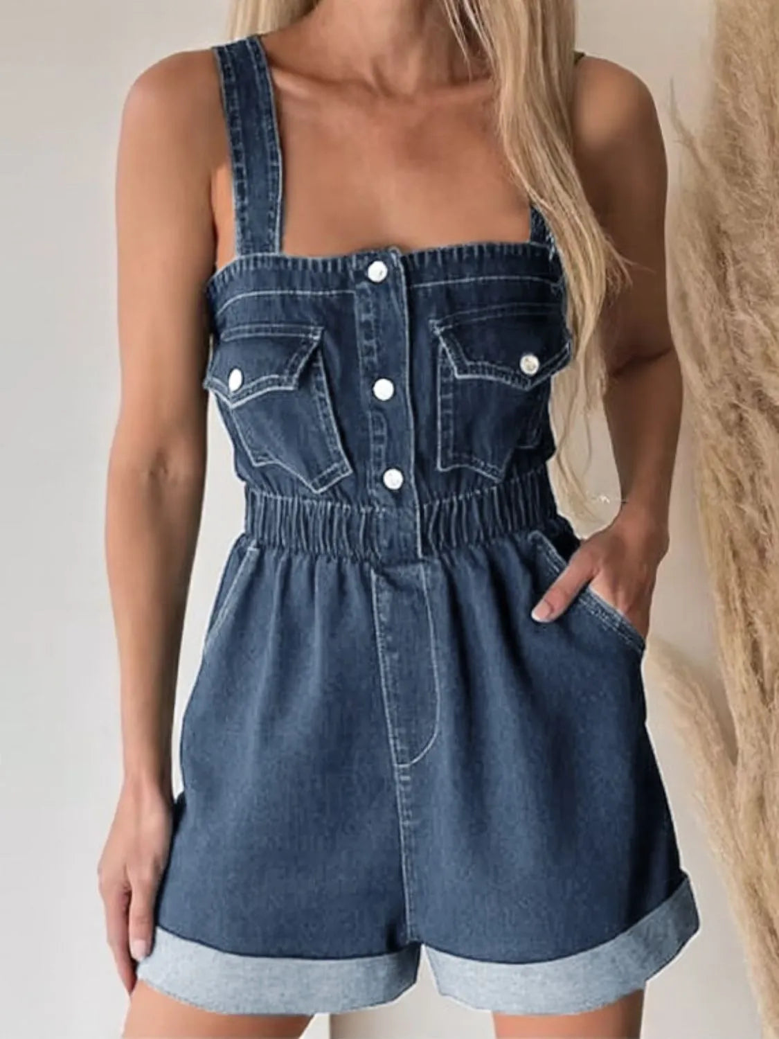 Wide Strap Denim Romper with Pockets - Codrington Expressions 