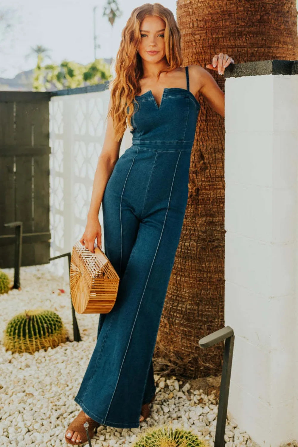 Spaghetti Strap Wide Leg Denim Jumpsuit - Codrington Expressions 