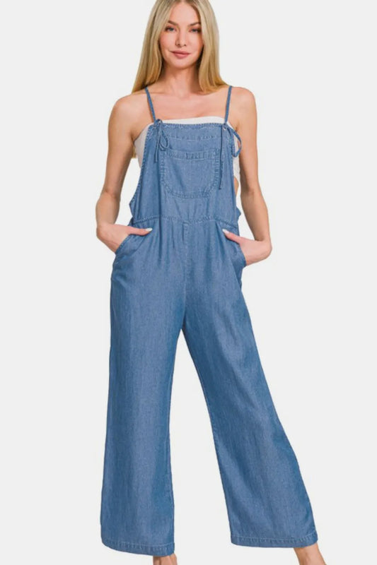 Zenana Washed Adjustable Strap Wide Leg Denim Overalls - Codrington Expressions 