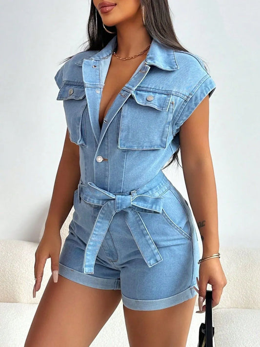 Tie Waist Cap Sleeve Denim Romper - Codrington Expressions 