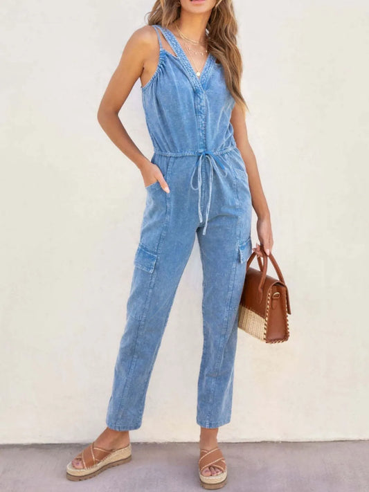 V-Neck Sleeveless Denim Jumpsuit - Codrington Expressions 