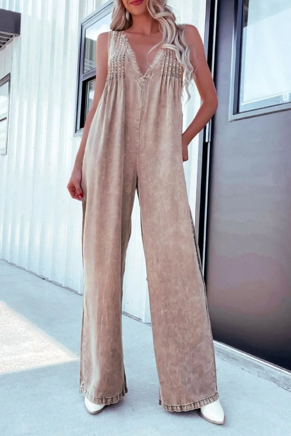 V-Neck Wide Leg Denim Jumpsuit - Codrington Expressions 