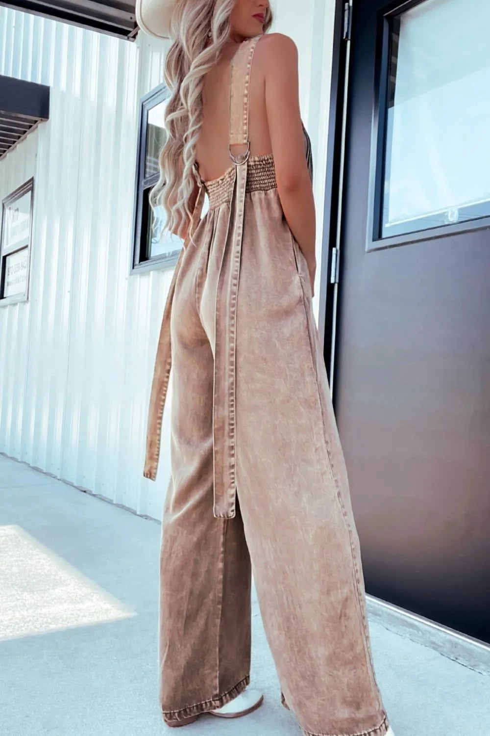 V-Neck Wide Leg Denim Jumpsuit - Codrington Expressions 