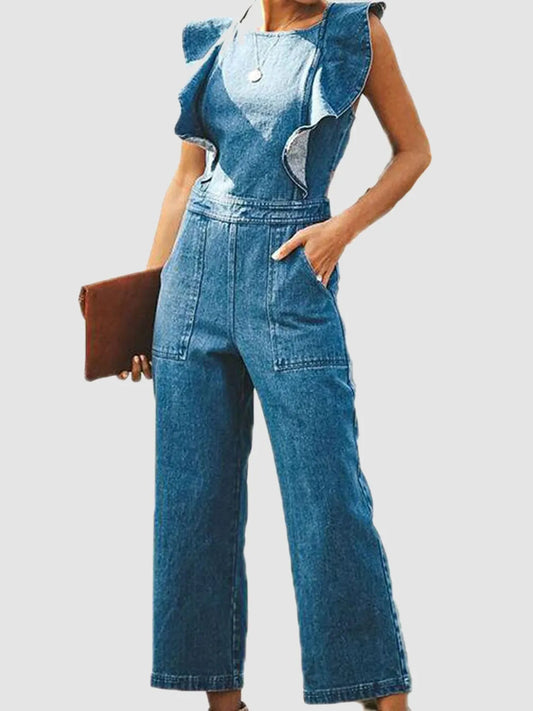 Ruffled Backless Sleeveless Denim Jumpsuit - Codrington Expressions 
