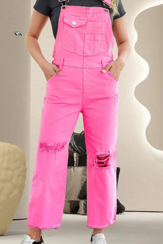 Distressed Pocketed Wide Strap Denim Overalls - Codrington Expressions 