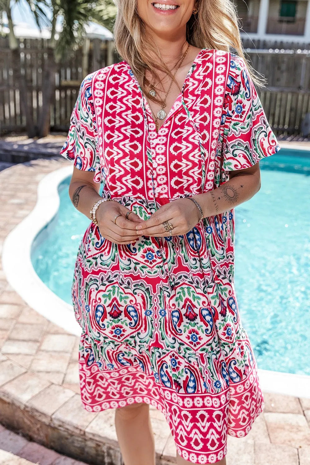 Printed Tie Neck Short Sleeve Dress - Codrington Expressions 