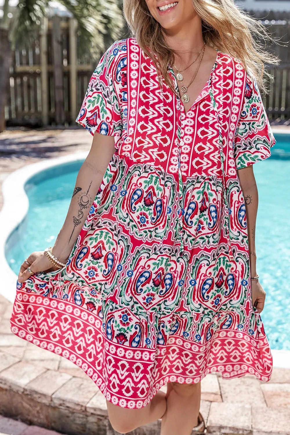 Printed Tie Neck Short Sleeve Dress - Codrington Expressions 